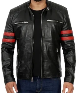 Mens Black Leather Jacket with Red Stripes