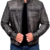 Mens Distressed Grey Moto Leather Jacket