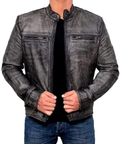 Mens Distressed Grey Moto Leather Jacket