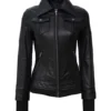 Betty Womens Petite Black Leather Jacket with Removable Hood