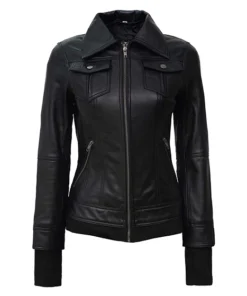 Betty Womens Petite Black Leather Jacket with Removable Hood
