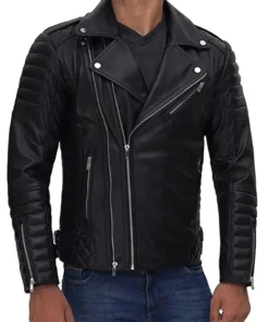 Mens Bari's Asymmetrical Black Biker Leather Jacket