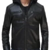 Mens Black Leather Jacket with Removable Hoodie