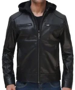 Mens Black Leather Jacket with Removable Hoodie