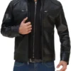 Mens Black Motorcycle Leather Jacket with Removable Hood