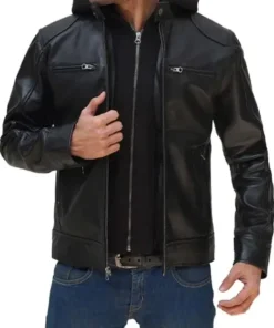 Mens Black Motorcycle Leather Jacket with Removable Hood
