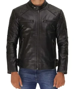 Mens Black Quilted Cafe Racer Leather Jacket