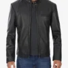 Mens Black Snap Cowhide Leather Jacket