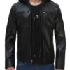 Mens Dodge Black Cafe Racer Leather Jacket with Removable Hood