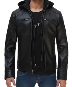 Mens Dodge Black Cafe Racer Leather Jacket with Removable Hood