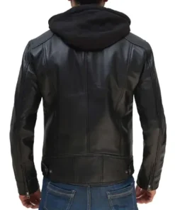Mens Dodge Black Motorcycle Leather Jacket with Removable Hood