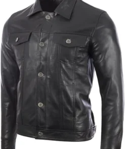 Mens Tall Black Leather Trucker Jacket