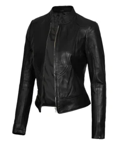 Women Black Real Cafe Racer Leather Jacket