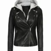 Women Hooded Black Leather Jacket