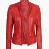 Women Red Cafe Racer Leather Jacket