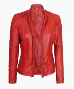 Women Red Cafe Racer Leather Jacket