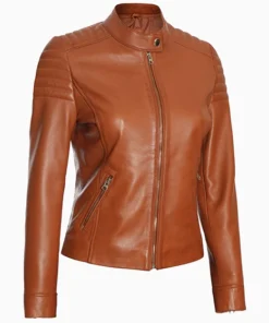 Women Tan Cafe Racer Leather Jacket