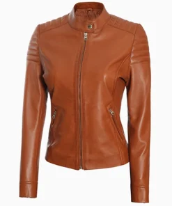 Women Tan Padded Cafe Racer Leather Jacket