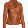 Womens Brown Asymmetrical Biker Leather Jacket with Belted Waist