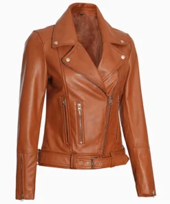 Womens Brown Asymmetrical Biker Leather Jacket with Belted Waist