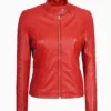 Womens Red Leather Quilted Biker Leather Jacket