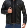 Dodge Mens Black Biker Leather Jacket With Hooded