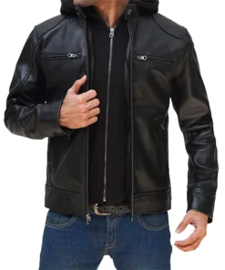 Dodge Mens Black Biker Leather Jacket With Hooded