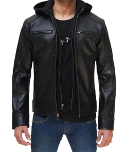 Dodge Mens Black Hooded Leather Jacket