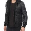 Edinburgh Black Hooded Bomber Leather Jacket 