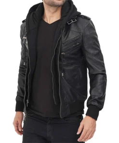 Edinburgh Black Hooded Bomber Leather Jacket 
