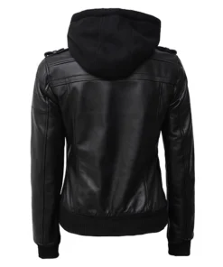 Edinburgh Womens Black Hooded Bomber Leather Jacket