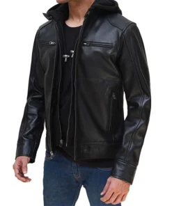Jack Dodge Mens Black Biker Leather Jacket With Hooded