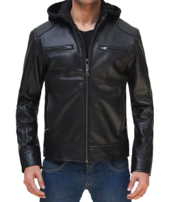 Jack Men Black Biker Leather Jacket With Hooded
