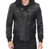 Men Black Hooded Bomber Leather Jacket 