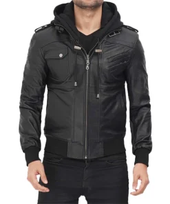 Men Black Hooded Bomber Leather Jacket 