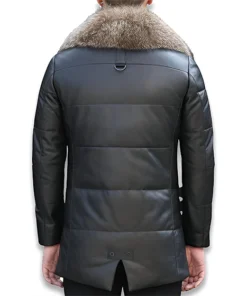 Men Black Leather Puffer Jacket