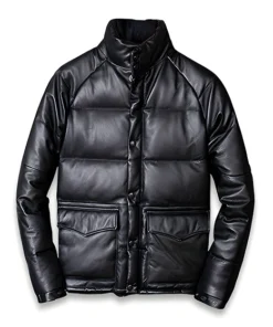 Mens Black Padded Leather Puffer Jacket