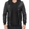 Mens Black Hooded Bomber Leather Jacket