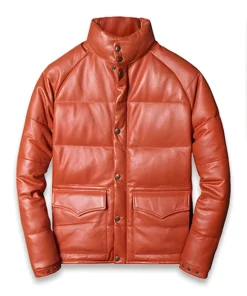 Mens Brown Padded Leather Puffer Jacket