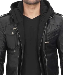 Mens Edinburgh Black Hooded Bomber Leather Jacket 