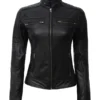 Women Black Biker Fitted Leather Jacket