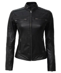 Women Black Biker Fitted Leather Jacket