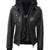 Women Black Hooded Real Leather Jacket