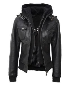 Women Black Hooded Real Leather Jacket