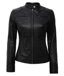 Womens Black Dodge Biker Leather Jacket
