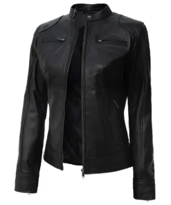Womens Black Dodge Petite Motorcycle Leather Jacket