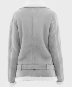 Grey Belted Shearling Suede Leather Jacket