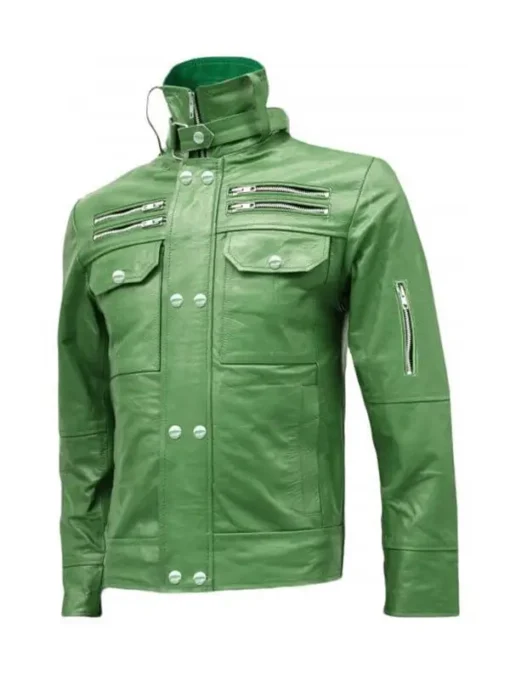 Mens High Collar Green Leather Jacket