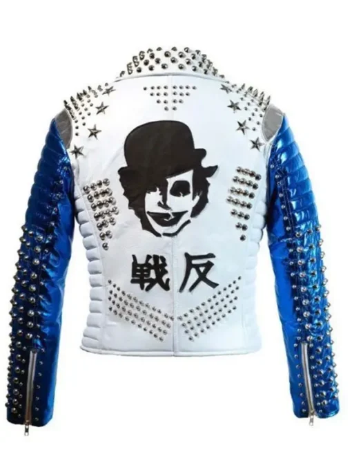 Studded White Blue Motorcycle Leather Jacket