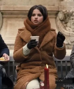 Selena Gomez Mabel Mora Brown Faux Fur Coat